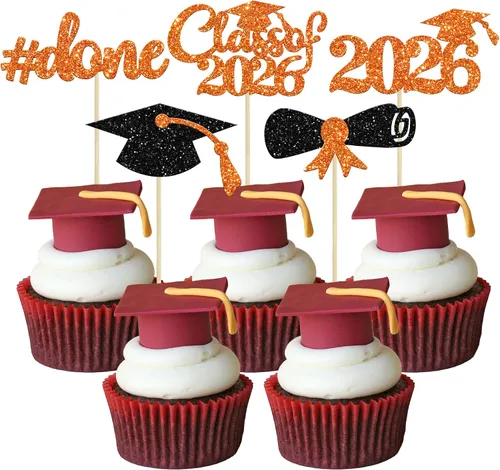 Vista 29 de Gyufise 24 piezas Adornos para pastel de graduación 2026 con purpurina negra, clase de 2026, adornos para magdalenas con gorra de graduación