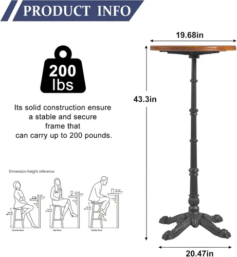 Vista 2 de LOKKHAN Mesa de columna romana de 43.3 pulgadas de alto, mesa de bar para cóctel, bistró, hierro fundido resistente, mesa de madera maciza Base