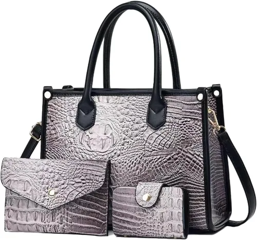 Vista 9 de Bolso y monedero para mujer, 3 piezas, con patrón de cocodrilo, cartera de embrague, tarjetero Gris