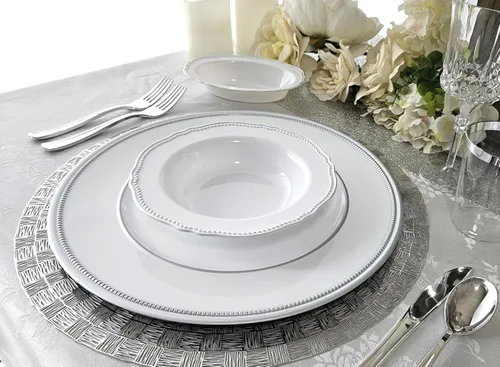 Vista 4 de OccasionS - 10 cargadores redondos de plástico acrílico de 13 pulgadas, para decoración de cenas, platos de carga (corona, blanco y plateado)