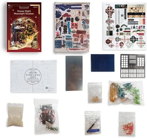 Vista 8 de Rincón de Navidad para Libros, Kit de Casa de Muñecas DIY para Adultos, Estantería con Luces LED, Rompecabezas 3D de Madera, Kits de Miniaturas