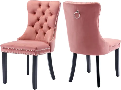 Vista 42 de Juego de 2 sillas de comedor de terciopelo, silla de comedor tapizada de alta gama con tirador de anillo en la espalda, adorno de clavos y patas