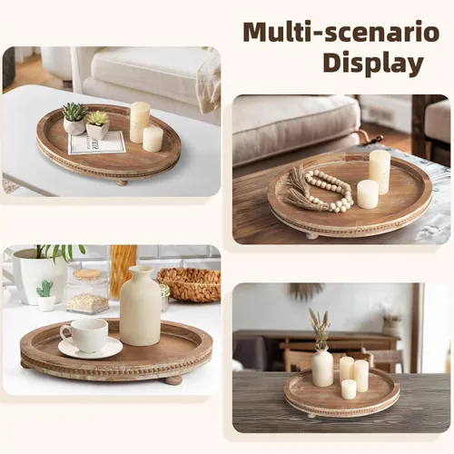 Vista 4 de Juego de 2 bandejas ovaladas de madera con diseño de cuentas, bandeja de decoración de mesa de centro de mesa para sala de estar, bandeja de mesa