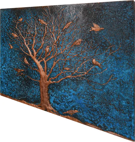 Vista 3 de Kitchen Backsplash, Birds on a Dead Tree Copper Backsplash, Custom Copper Backsplash Panel, Handmade Copper Backsplash Tile, Indoor Outdoor Wall Blue