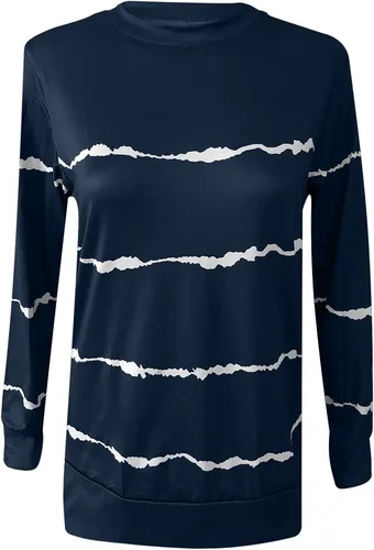 Vista 5 de Camisas de manga larga para mujer, estilo casual, cuello redondo, a rayas, ligeras, holgadas, a la moda