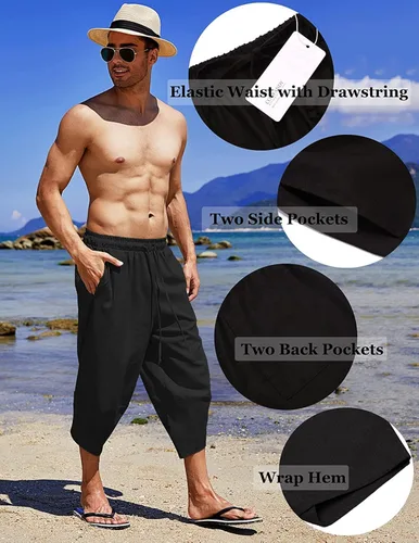 Vista 5 de COOFANDY Pantalones capri harén de lino para hombre, ligeros, sueltos, 34, con cordón elástico, cintura elástica, pantalones casuales para yoga