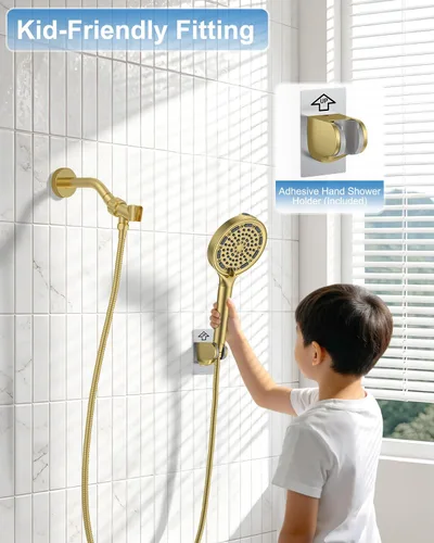 Vista 8 de 11" Brushed Gold Rainfall Shower System – Complete Spa Faucet Set with Filtered Handheld Sprayer & Mixer Valve – Modern High Pressure Bathroom