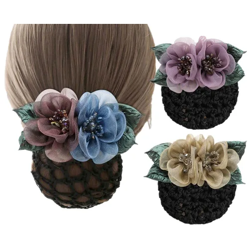 Vista 3 de Paquete de 3 pinzas para el pelo de flores de seda para mujer, cubierta de moño para el cabello, pasadores de red de red de encaje con lazo