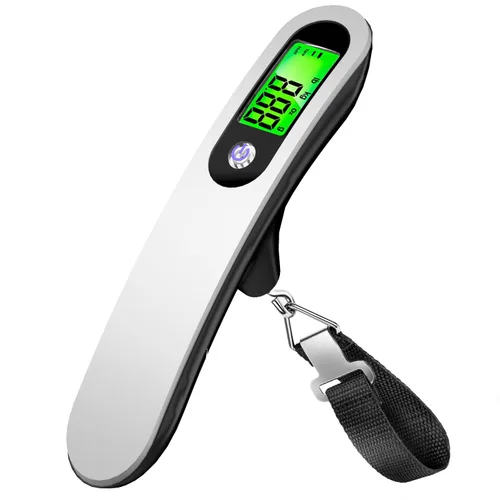 Vista 5 de Raabiko Báscula digital de equipaje (paquete de 2), báscula digital de equipaje de mano con capacidad de 110 libras, batería incluida, plata satinada