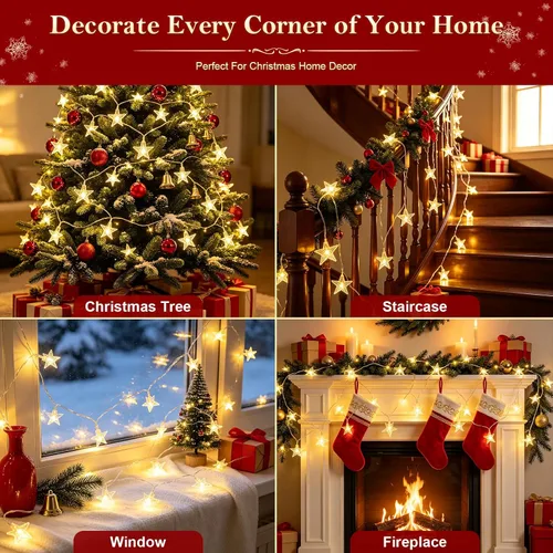 Vista 8 de 20FT 60LED Christmas Star Fairy String Lights Battery Operated Warm White 8 Lighting Modes with Timer Function IP44 Waterproof Design for Christmas