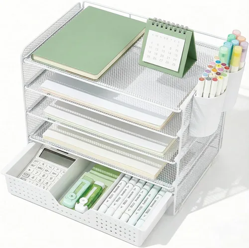 Vista 12 de LEKETREE Organizador de escritorio y accesorios, organizador de bandejas de papel de 5 niveles con cajón y 2 soportes para bolígrafos