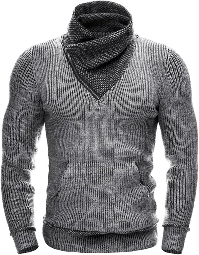 Vista 2 de COOFANDY Suéter de punto de cuello alto para hombre, cuello de chal, ajuste delgado, cuello alto con bolsillos