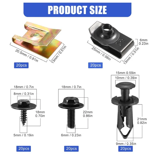 Vista 6 de 100 piezas de tornillos y pernos para auto, tornillos para bandeja inferior, tornillos para guardabarros de carrocería, clips para auto, remaches