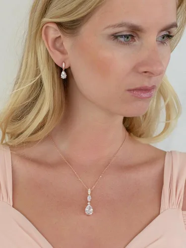 Vista 2 de Mariell Juego de collar y aretes de boda nupcial, colgante de circonita cúbica de oro rosa y aretes colgantes para novia, dama de honor, Metal Gema