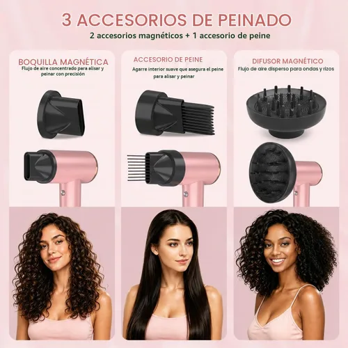 Vista 4 de Mythsight StyleVibe High-Speed Ionic Hair Dryer with 3 Attachments Pink