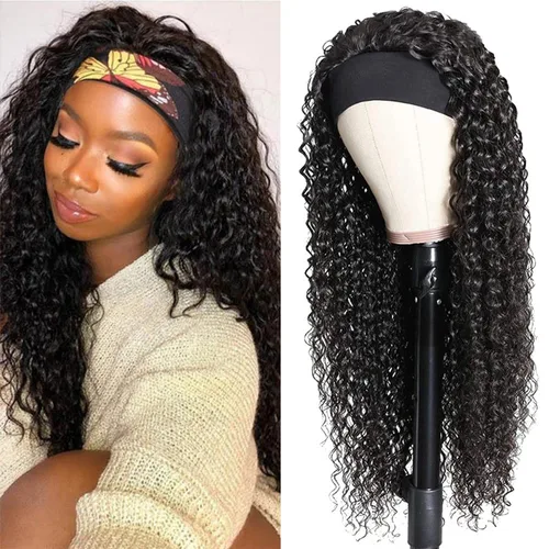 Vista 49 de Peluca de cabello humano con diadema de ondas profundas, sin pegamento, pelucas de cabello rizado sin encaje frontal, pelucas de cabello humano