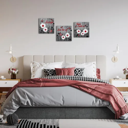 Vista 5 de SkenoArt Arte de pared de flores para dormitorio, lienzo de mariposa gris y roja, citas florales de margaritas, imágenes inspiradoras, decoración