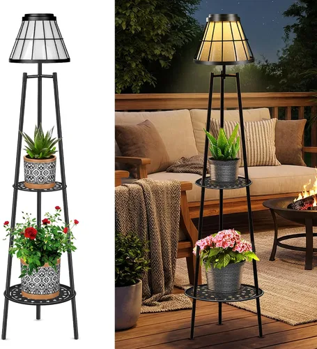 Vista 13 de MXwcy Lámpara de pie solar con soportes para plantas, luces solares para exteriores con bombillas LED Edison vintage, luces de jardín resistentes a