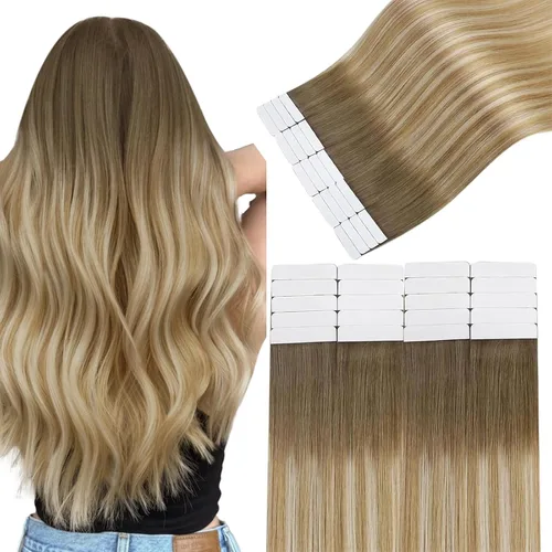 Vista 19 de Easyouth Extensiones de cabello humano rubio con cinta, extensiones de cabello humano rubio blanco, 12 pulgadas, 20 unidades, 1.06 onzas