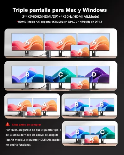 Vista 3 de Estación de acoplamiento WAVLINK 3 monitores, triple 4K@60Hz para MacBook M1/M2/M3/M4/Windows, dock Displaylink con 3X HDMI o 2X DisplayPort
