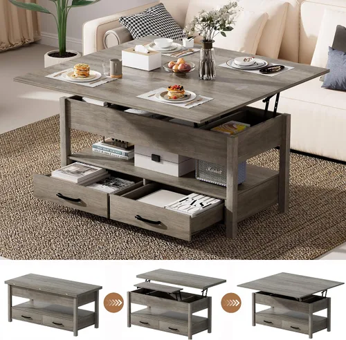 Vista 12 de SYESWAY Mesa de Centro Elevable de 39.4" con Estación de Carga, Mesa de Centro Multifuncional 4 en 1 con Almacenamiento y Compartimentos Ocultos