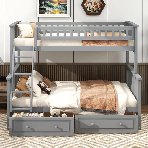 Vista 16 de Harper & Bright Designs Litera individual sobre individual con 2 cajones de almacenamiento, camas convertibles, base de cama de madera maciza