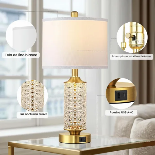 Vista 4 de QiMH - Juego de 2 lámparas de mesa de cristal dorado para sala de estar Oro cepillado+sombra blanca