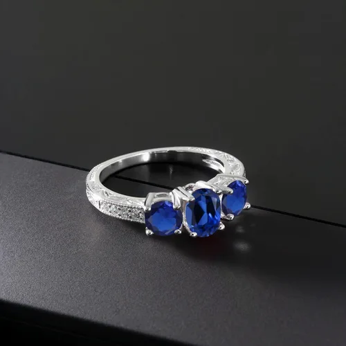 Vista 41 de Gem Stone King Anillo de compromiso de 3 piedras preciosas de oro blanco de 10 quilates con piedra natal y diamantes cultivados en laboratorio