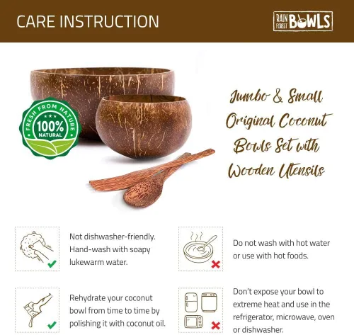 Vista 3 de Rainforest Bowls 2 cuencos de coco originales ecológicos (pequeños y jumbo) con 2 tenedores de madera de coco, 100% natural, juego de cocina