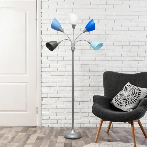 Vista 2 de Simple Designs LF2006-SBG 67" Lámpara de pie contemporánea con múltiples cabezales Medusa de 5 luces ajustable de cuello de ganso en plata con Tonos