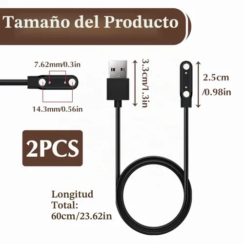 Vista 2 de Paquete de 2 cables de carga magnéticos para reloj inteligente, 2 pines de 0.300 in, cable de carga de repuesto compatible con reloj inteligente