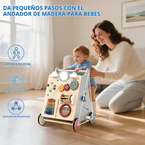 Vista 5 de 3 in 1 Wooden Baby Push Walker, Montessori Push Walker for Babies 12 Months Andador de bebé con centro de actividades, velocidad ajustable, sentarse