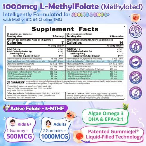 Vista 2 de L-metilfolato de 1000 mcg + gomitas de metilo B12 para niños y adultos – Activo 5-MTHF, con Omega-3 DHA y EPA (3:1), colina y TMG, B6, apoya el gen