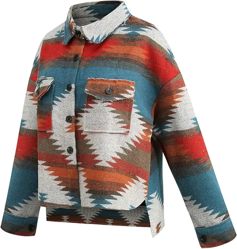 Vista 2 de VIEWON Chaqueta de manga larga con estampado azteca para mujer estilo occidental con botones ligera casual con solapa