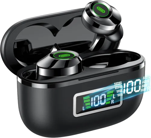 Vista 7 de Auriculares inalámbricos, Bluetooth 5.5, auriculares estéreo de bajos, auriculares con micrófono con cancelación de ruido, pantalla LED en el oído