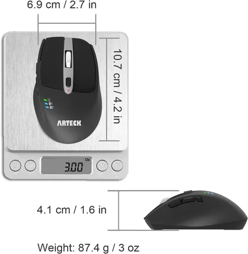 Vista 6 de Arteck Mouse inalámbrico Bluetooth con receptor Nano USB, negro, batería de 4 meses de duración, diseño ergonómico