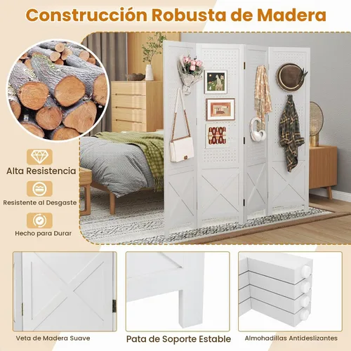 Vista 5 de Giantex Divisor de ambientes de 4 paneles, pantalla de privacidad plegable de granja de 4.7 pies, soporte de madera maciza para manualidades