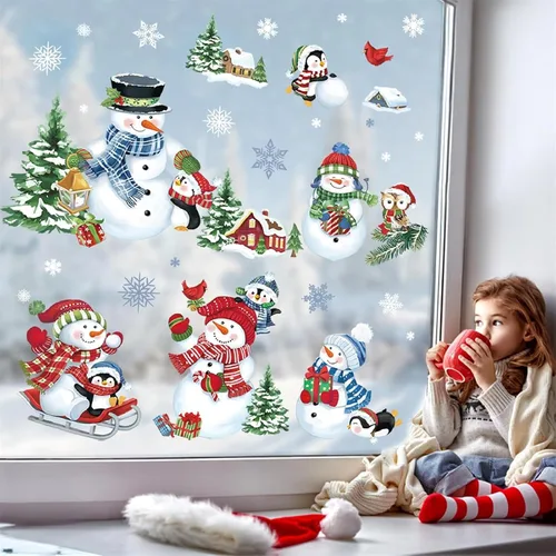 Vista 3 de decalmile Calcomanías reutilizables de Navidad para ventana, diseño de muñeco de nieve, pingüino, árbol de Navidad, copos de nieve, espejo de vidrio