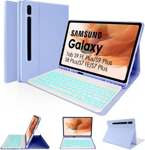 Vista 11 de LAMA Funda con teclado retroiluminado para Samsung Galaxy 12.4 pulgadas S10 Plus/S9 FE+/S9+/S8+, 12.4 pulgadas, S7 FE/S7 Plus, funda desmontable