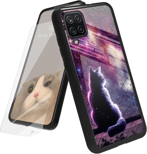 Vista 60 de Funda para Samsung Galaxy A12 5G con protector de pantalla, parte trasera de vidrio templado + TPU de silicona suave que absorbe los golpes