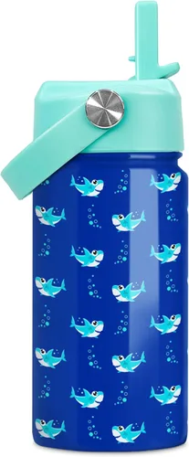 Vista 27 de SANDJEST Botella de Agua para Niños con Tapa de Pajita - 12 Oz Botella de Acero Inoxidable Aislada con Dibujo de Animales para Niños y Niñas - Taza