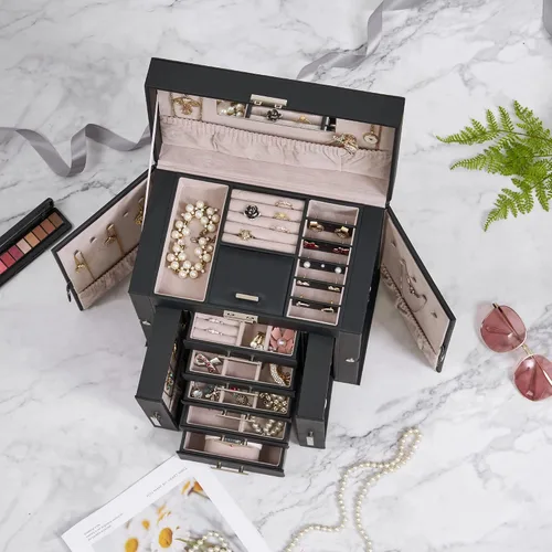 Vista 4 de ANWBROAD Large Jewelry Box Women Jewelery Organizer Box Jewelry Holder Organizer Jewelry Storage Case for All Jewelry with Lock Mirror for Necklaces