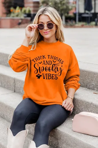 Vista 4 de MAXIMGR Sudadera de Halloween para mujer, sudadera divertida con estampado de letras, suéter de cuello redondo con estampado de fantasmas de otoño