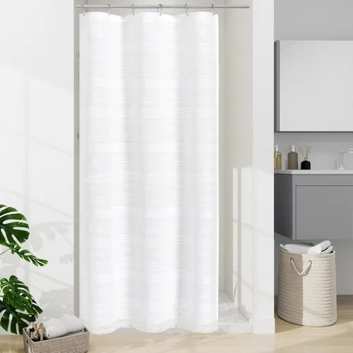 Vista 14 de Cortina de Ducha Pequeña para Cabina Estilo Boho Granja con Borla, Conjunto de Cortina de Ducha de Baño de Lino Bohemio Francés Rústico Elegante