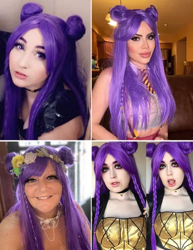 Vista 6 de ColorGround Peluca larga y recta trenzada morada con dos moños para cosplay y contras