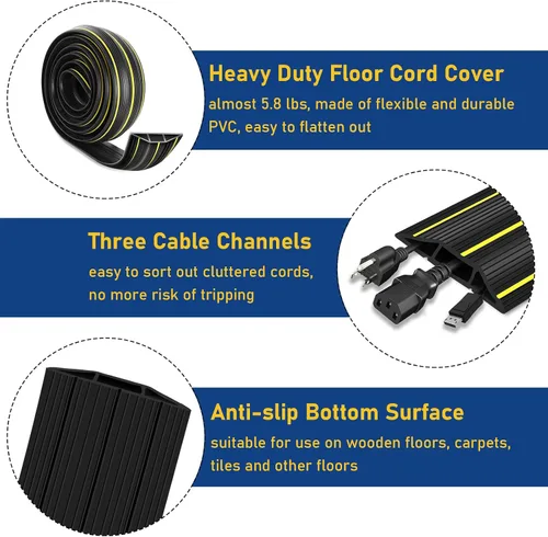 Vista 3 de Cubierta de cable de suelo, cubierta de cable de extensión de 10 pies para cables de suelo de 3 canales, protector de cable de suelo para el hogar
