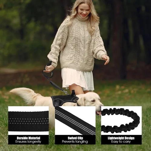 Vista 5 de BUMBIN Correa elástica de 6 pies con 2 asas para perros grandes, medianos y pequeños, resistente, sin tirones, absorción de golpes con cinturón