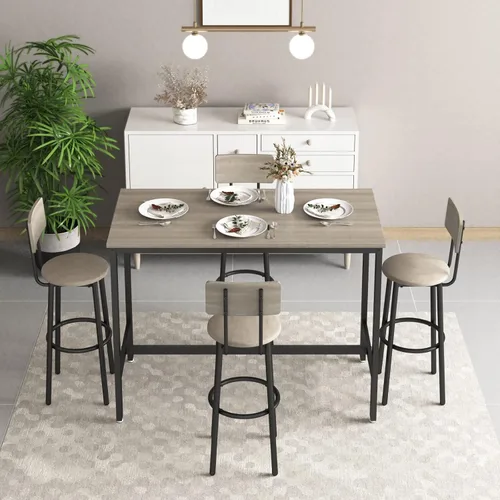 Vista 8 de Moderno juego de mesa y silla de bar para 4 mesas y taburetes de altura de mostrador con respaldo, mesa de comedor rectangular, juego de 5