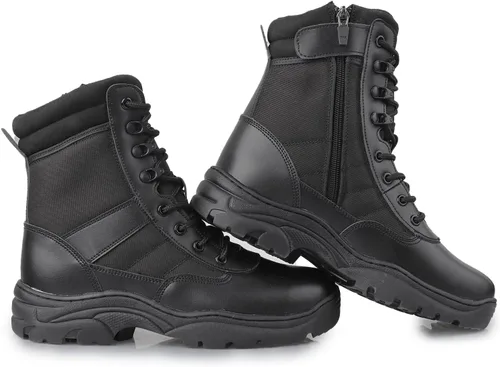 Vista 7 de Botas tácticas militares de combate para hombre, con cremallera lateral, botas de trabajo para el ejército y la policía, antideslizantes para tareas