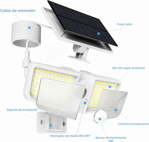 Vista 2 de Reflectores solares para exteriores con sensor de movimiento de 6500 K con control remoto, 180 LED impermeables, luz solar de seguridad al aire